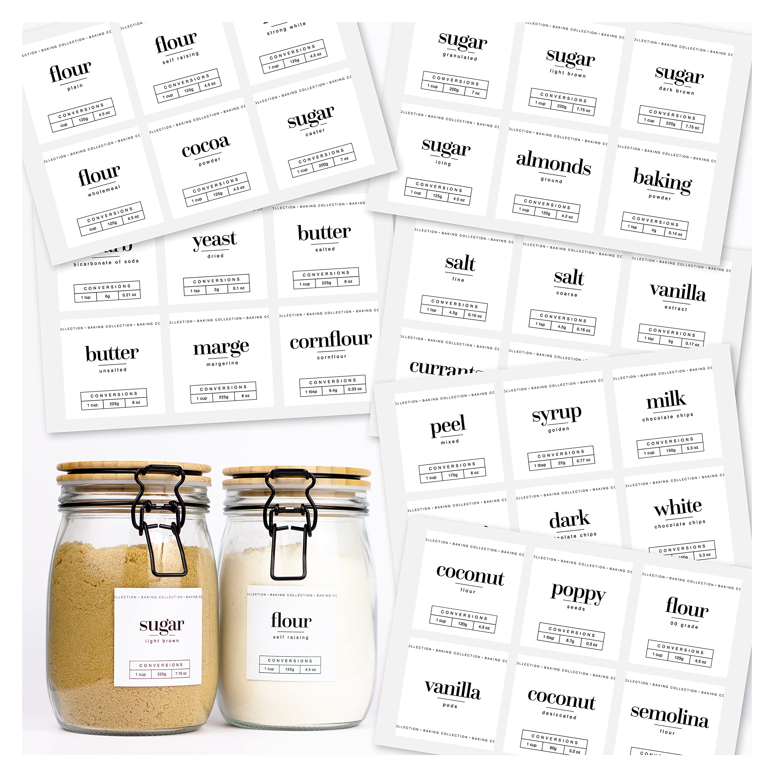 36 x Baking Collection Labels for Jars - Contemporary Printed White Sticky Labels for Kitchen Storage with Conversion Chart