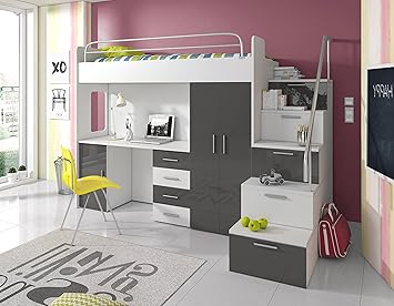 Furnistad | Hochbett für Kinder Sky | Kinderhochbett mit Treppe, Schreibtisch und Schrank (Option rechts, Weiß + Grau)