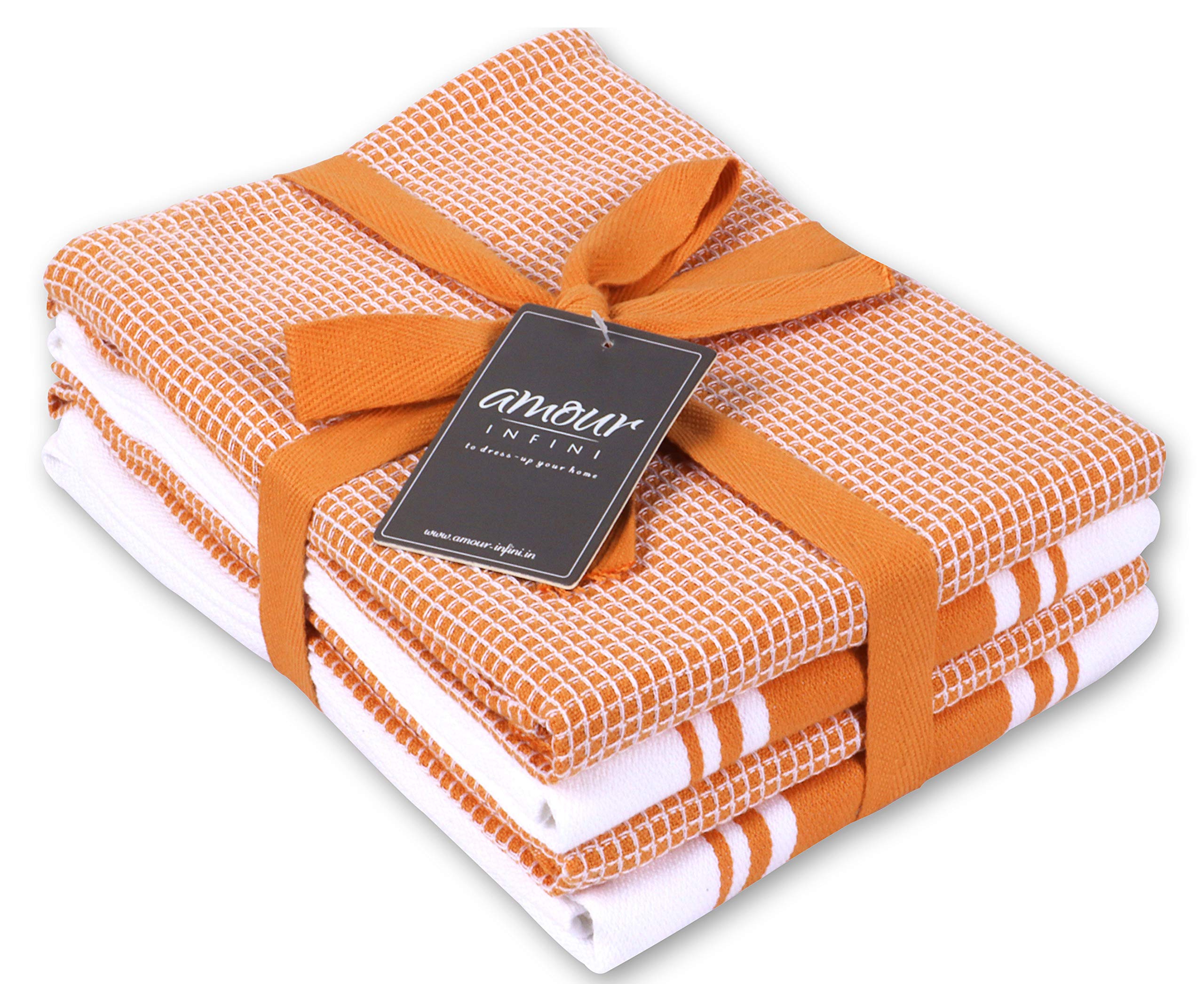 AMOUR INFINI Kitchen Tea Towel Classic Vintage Stripe, Waffle Weave Kitchen Towels Set of 4, 50 x 70 cm Multi-use Dish Towels Hanging Loop Ring Spun Premium Cotton Highly Absorbent Bar Towels | Orange — image 1
