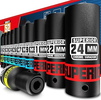 KIRXST 1/2 Inch Drive Impact Socket Set 11 Pcs 10-24 mm Deep Sockets