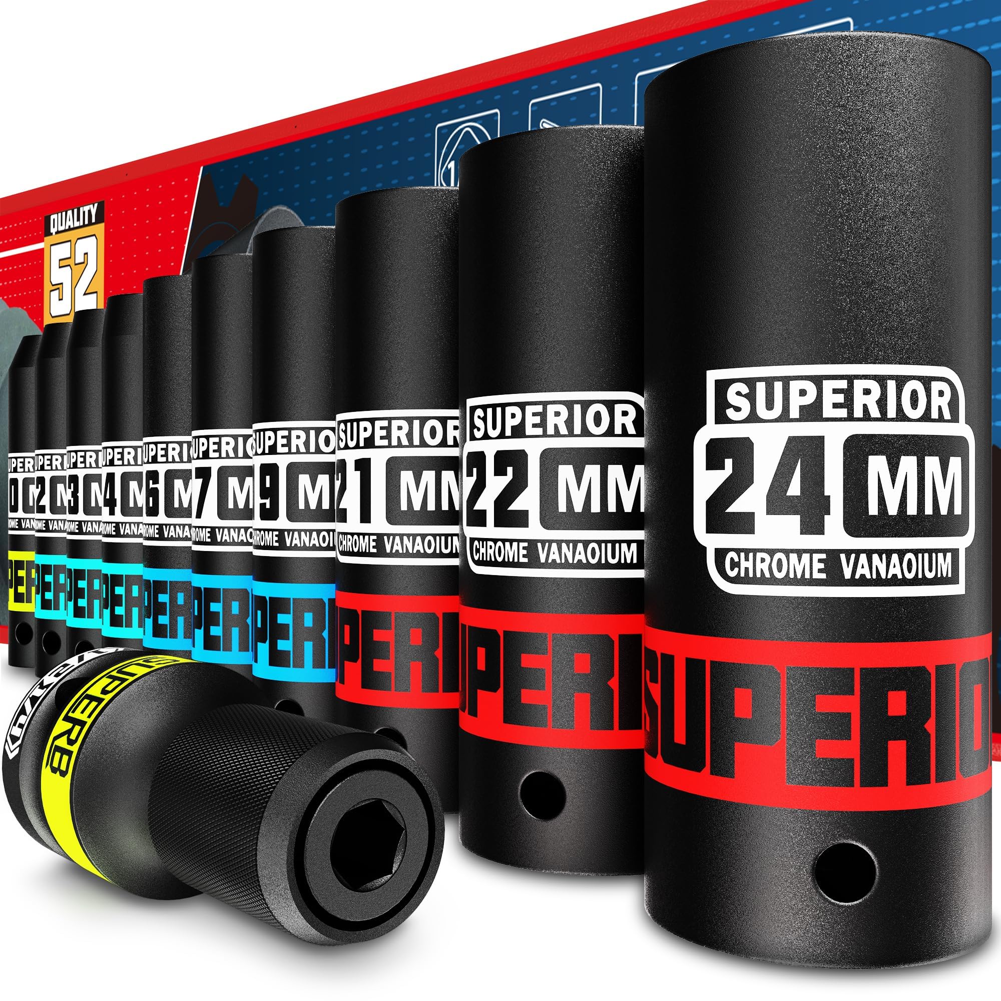 KIRXST 1/2 Inch Drive Impact Socket Set, 11 Piece Deep Sockets 10-24 mm, Metric Socket Set with 1/4" Socket Adapter for Automotive Trucks Tractors Engines Repairing DIY Mechanic Tool