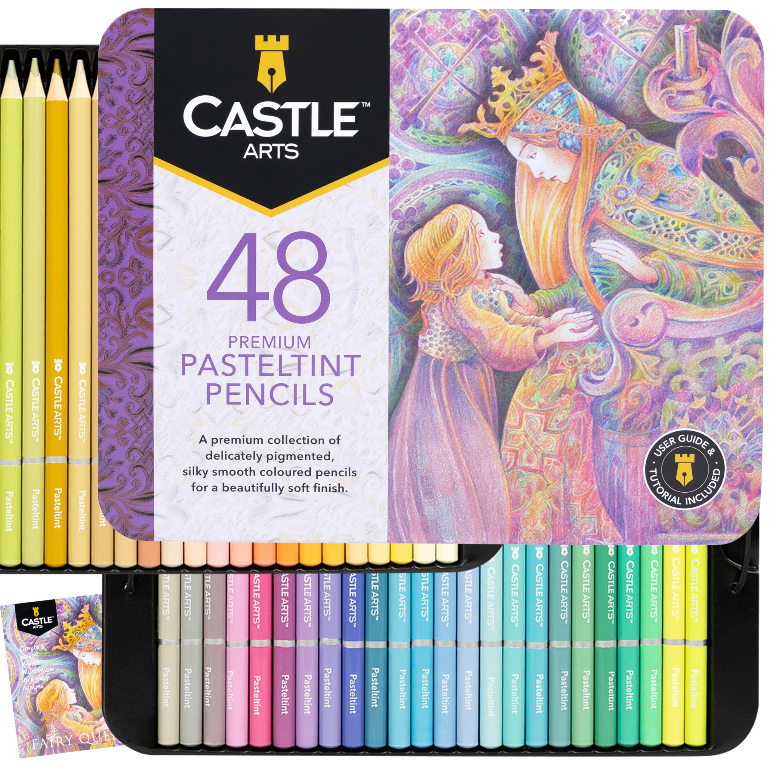Castle Art Supplies 48 Pasteltint Coloured Pencils Set | Quality Colours in Softer, Sumptuous Tones | for Professional and Adult Artists | Protected and Organised in Presentation Tin Box