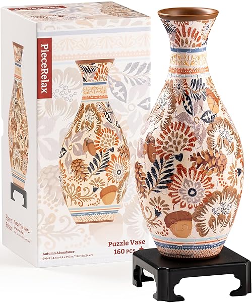 PIECERELAX 3D PUZZLE VASE FOR ADULTS TO FLOWER ARRANGEMENT AND HOME DECORATION MADE BY 160 CURVED PLASTIC PUZZLE PIECES – AUTUMN ABUNDANCE, FOR MOM [S1042]