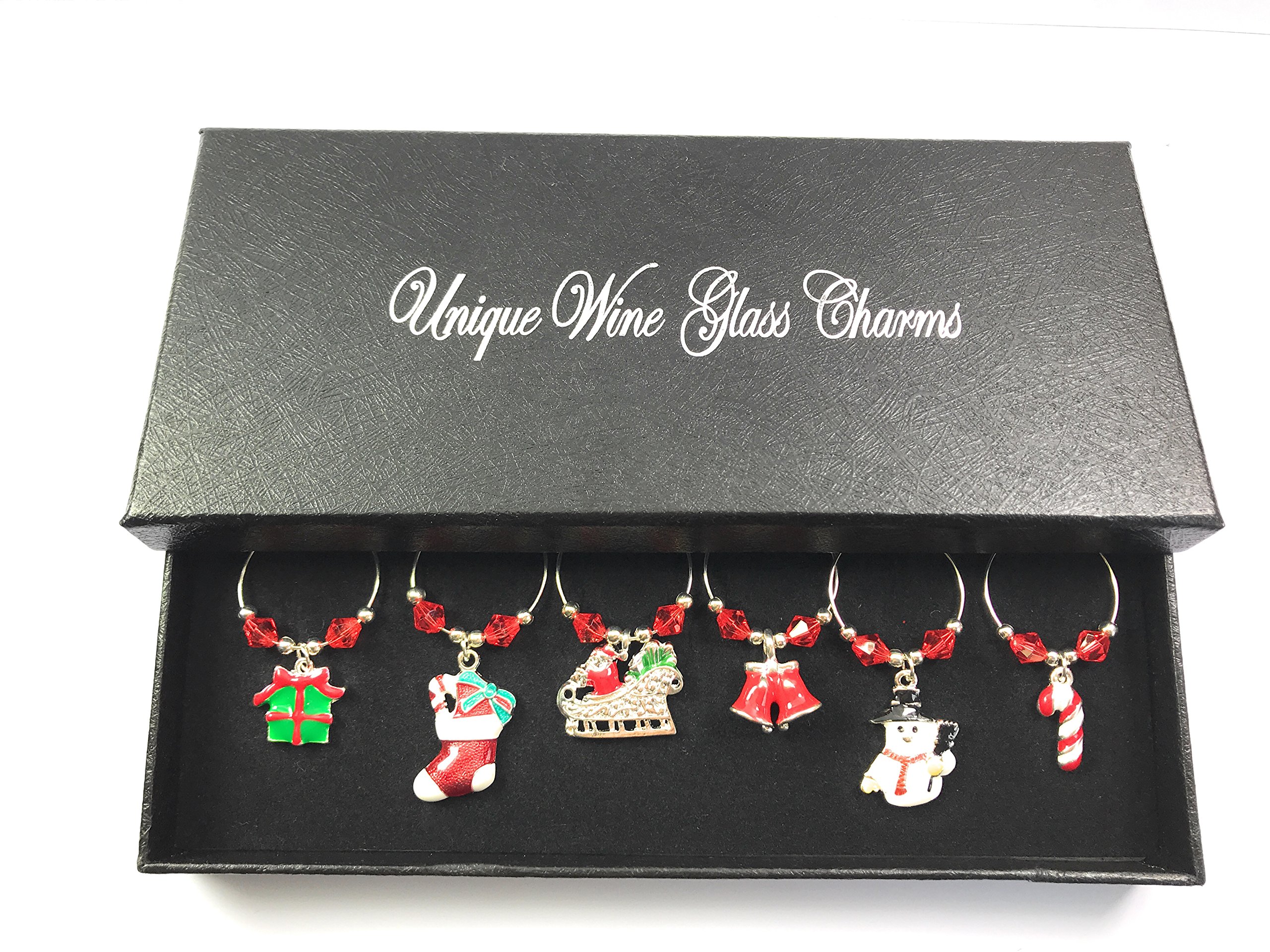 Set of 6 Christmas Tidings Wine Glass Charms with Gift Box