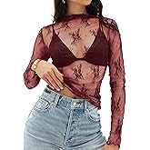 MEROKEETY Womens 2026 Mesh Sheer Lace Long Sleeve Top Sexy Y2k Mock Neck See Through Shirt Blouses