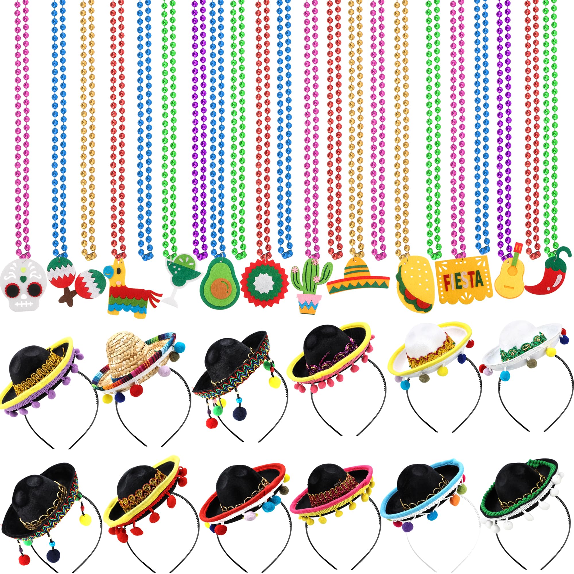 30 Pcs Cinco De Mayo Fiesta Party Favor Include 12 Mexican Sombreros Hats Headbands 18 Cinco De Mayo Fiesta Necklaces for Luau Fiesta Party Photo Props Mexican Cinco de Mayo Party Decor