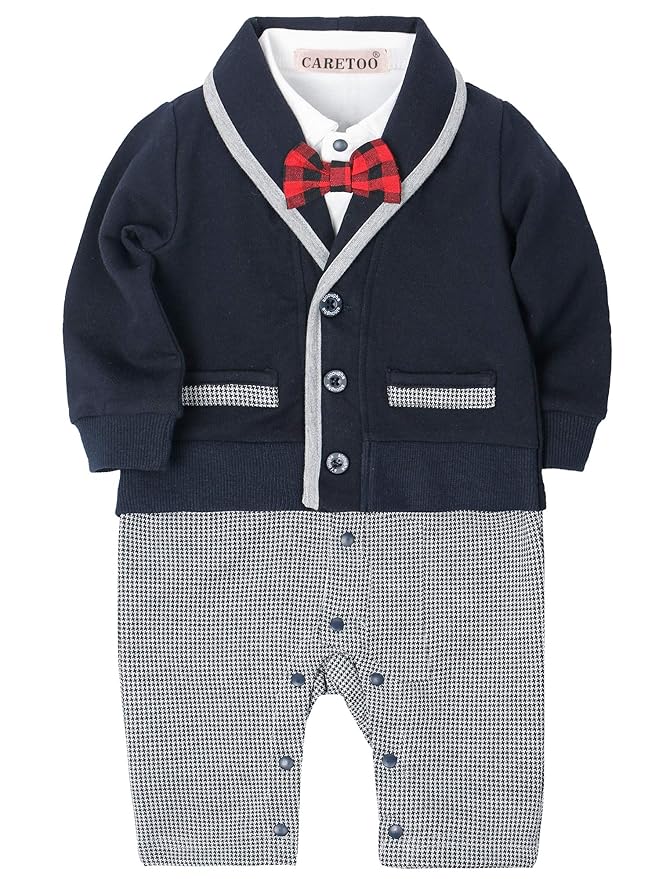 CARETOO Baby-Jungen Bekleidungssets Strampler Baby Langarm Anzug Set Smoking- Gentleman Baumwolle Festliche Taufe Hochzeit fü