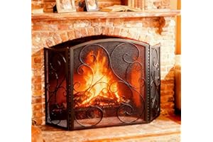 Fire Beauty Fireplace Screen 3 Panel Wrought Iron Metal 48"(L) x30(H) Spark Guard Cover(Black)