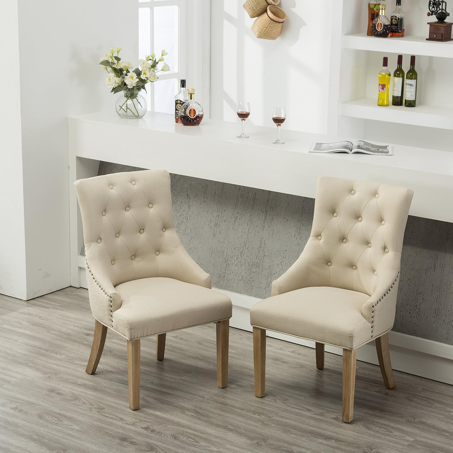 Roundhill Furniture Button Tufted Solid Wood Wingback Hostess Chairs with Nail Heads, Set of 2, Tan - Chairs