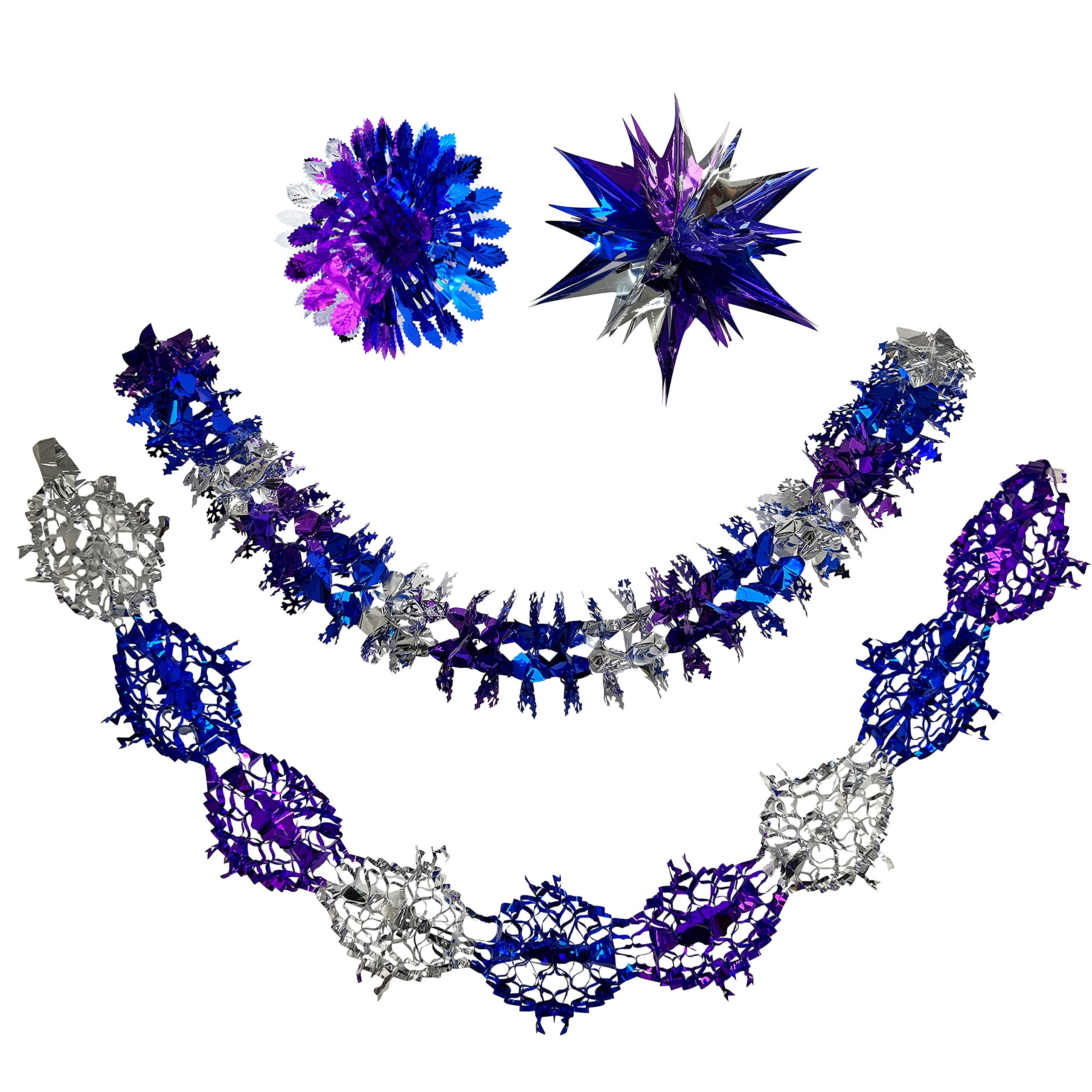 4PCs Christmas Ceiling Decorations, Foil Christmas Garland Decorations, Festive Wall Hanging Tinsel Decorations Indoor, New Year Xmas Decorations (Silver/Blue/Purple)