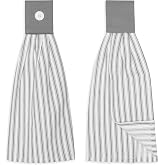 Cackleberry Home Alloy Gray and White Ticking Stripe Hanging Kitchen Dish Hand Towel Cotton with Button Accent, Set of 2