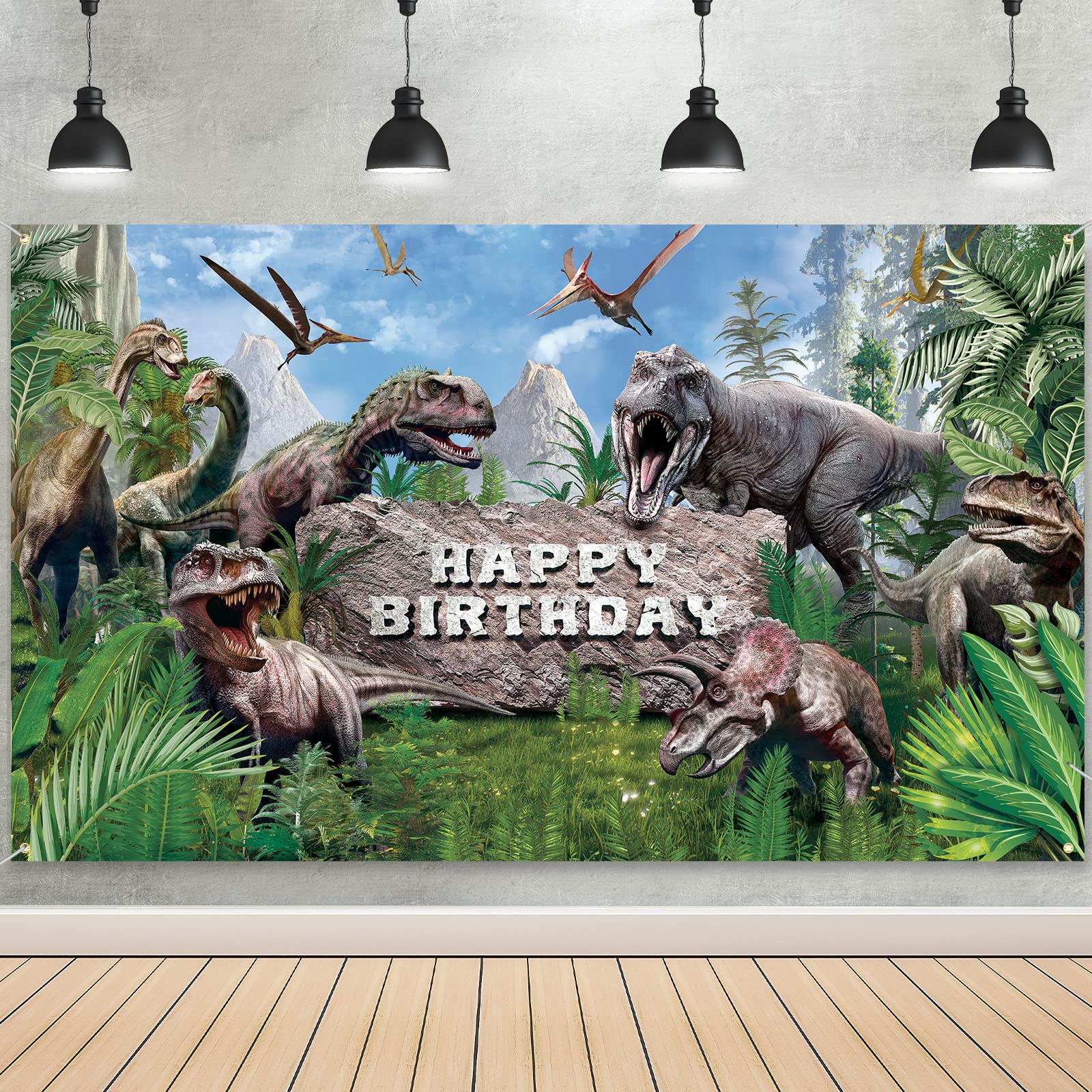 Photo 1 of Tatuo Dinosaur Photo Backdrop Dino Theme Banner 72.8 x 43.3 Inch Dinosaur Photography Background Happy Birthday Background for Dino Theme Birthday Party Photo Prop Decor