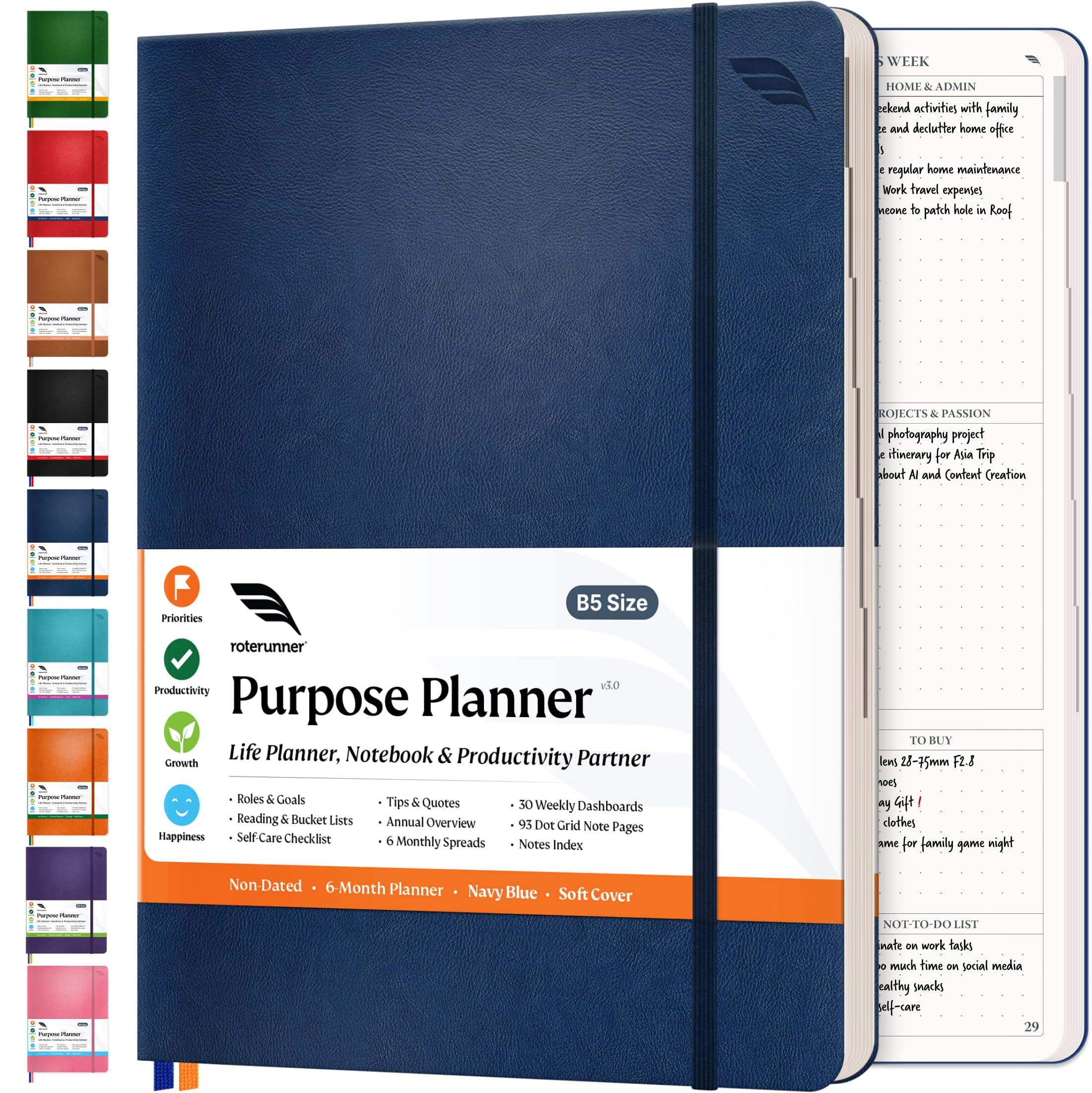 Roterunner Purpose Planner Notebook B5 7.5”x9.8” Undated Planner 2025 Daily Weekly and Monthly Productivity Goal Setting Tool for Work Home