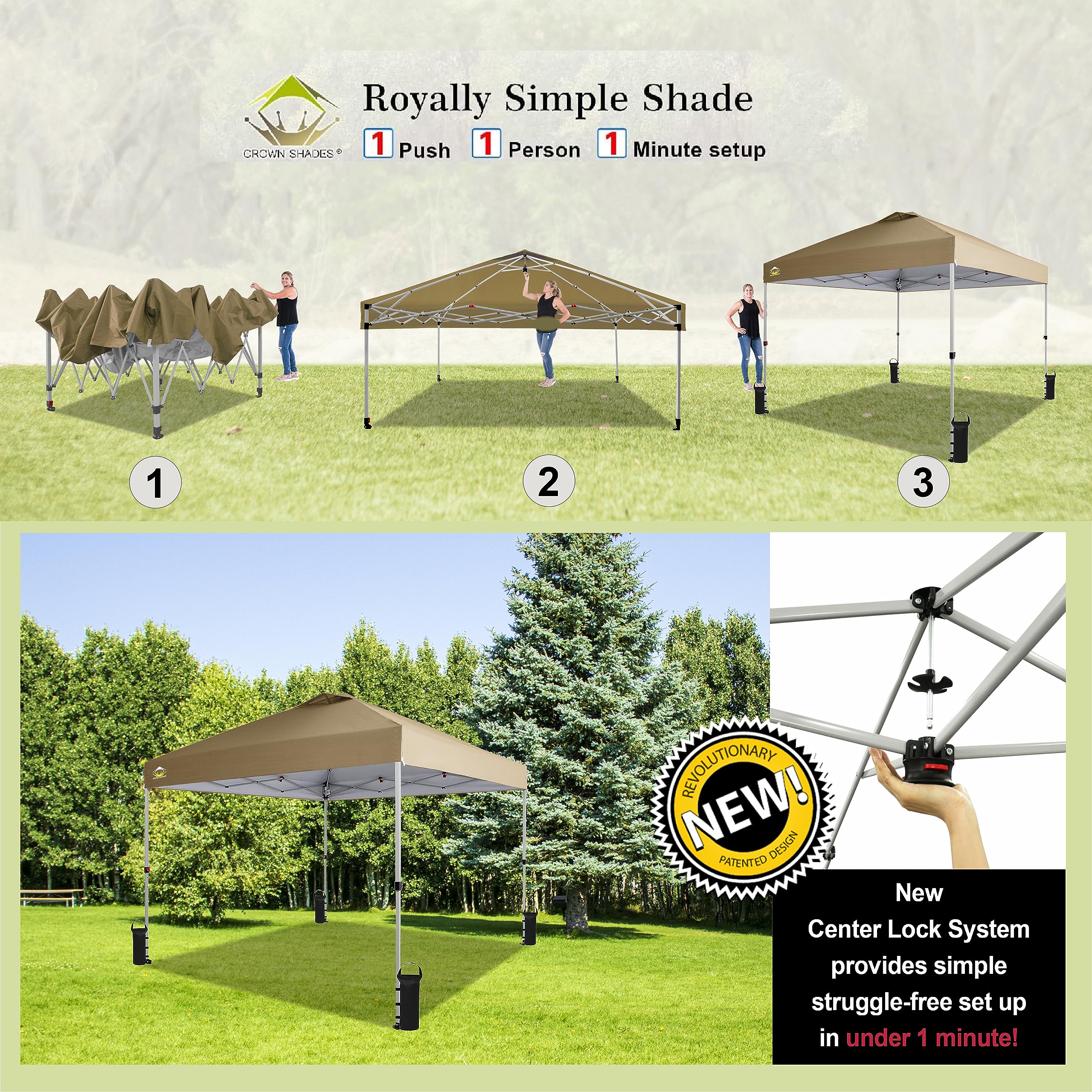 CROWN SHADES 10x10 Pop Up Canopy, Patented Center Lock One Push Tent Canopy, Newly Designed Storage Bag, 8 Stakes, 4 Ropes, Beige