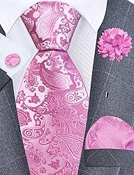 GUSLESON Mens Pink Tie Paisley Wedding Solid Silk