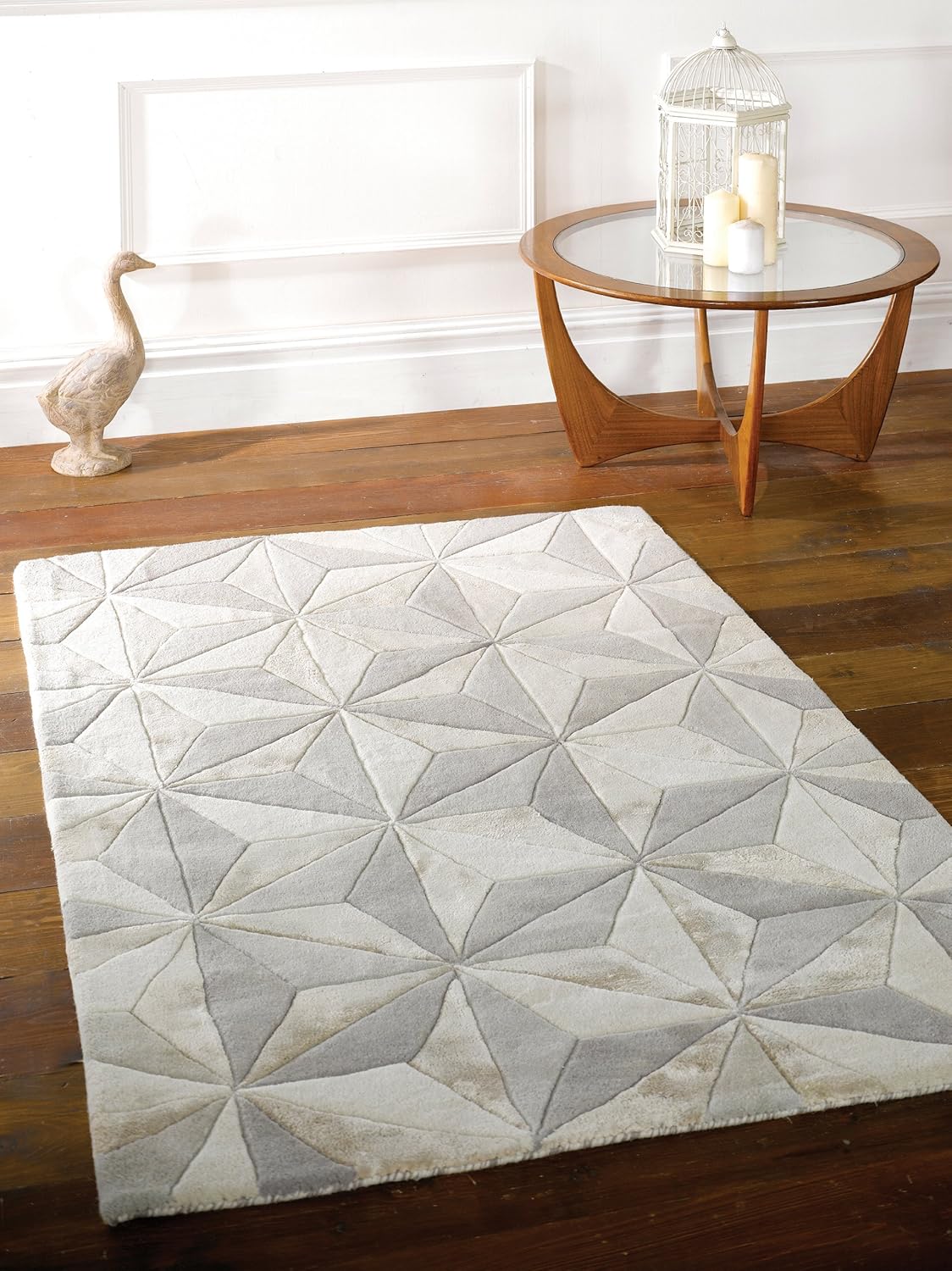 Large Handmade Thick Luxurious Soft Wool Geometry Design Grey Ivory Rug