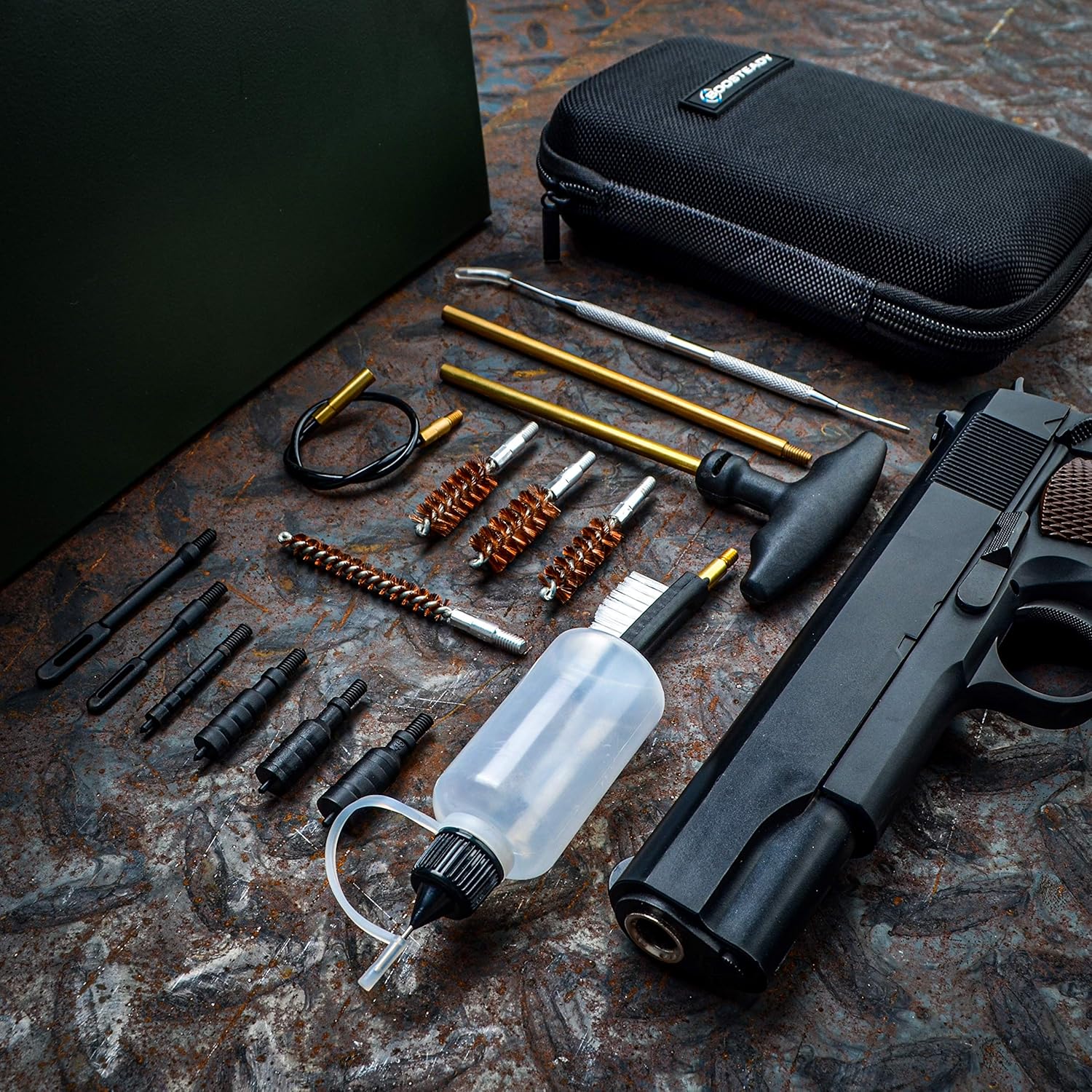 BOOSTEADY Universal Handgun Cleaning kit .22.357/.38/9mm.45 Caliber Pistol Cleaning Kit Brush Jag with Flexible Coated Cable and Empty Bottle in Zippered Case : Sports & Outdoors