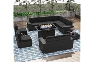 KHOLH 13 Pieces Patio Furniture Conversation Sofa Set with 44" Propane Gas Fire Pit Table, Outdoor Sectional Black Rattan Wicker Sofa Set