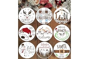 BANBBUR 9 Pcs Christmas Stencils Reusable, 12X12 Inch Round Large Christmas Stencils for Painting on Wood Sign Front Door Hanger Xmas Home Decor