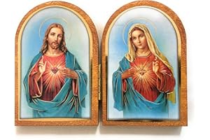WJ HIRTEN 5" x 3.5" Sacred Heart of Jesus and Immaculate Heart of Mary Wooden Diptych
