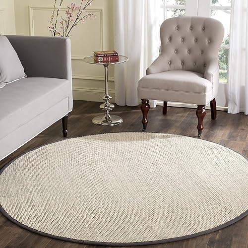Safavieh Natural Fiber Collection NF143D Border Sisal Area Rug, 8' x 8' Round, Marble / Dark Grey