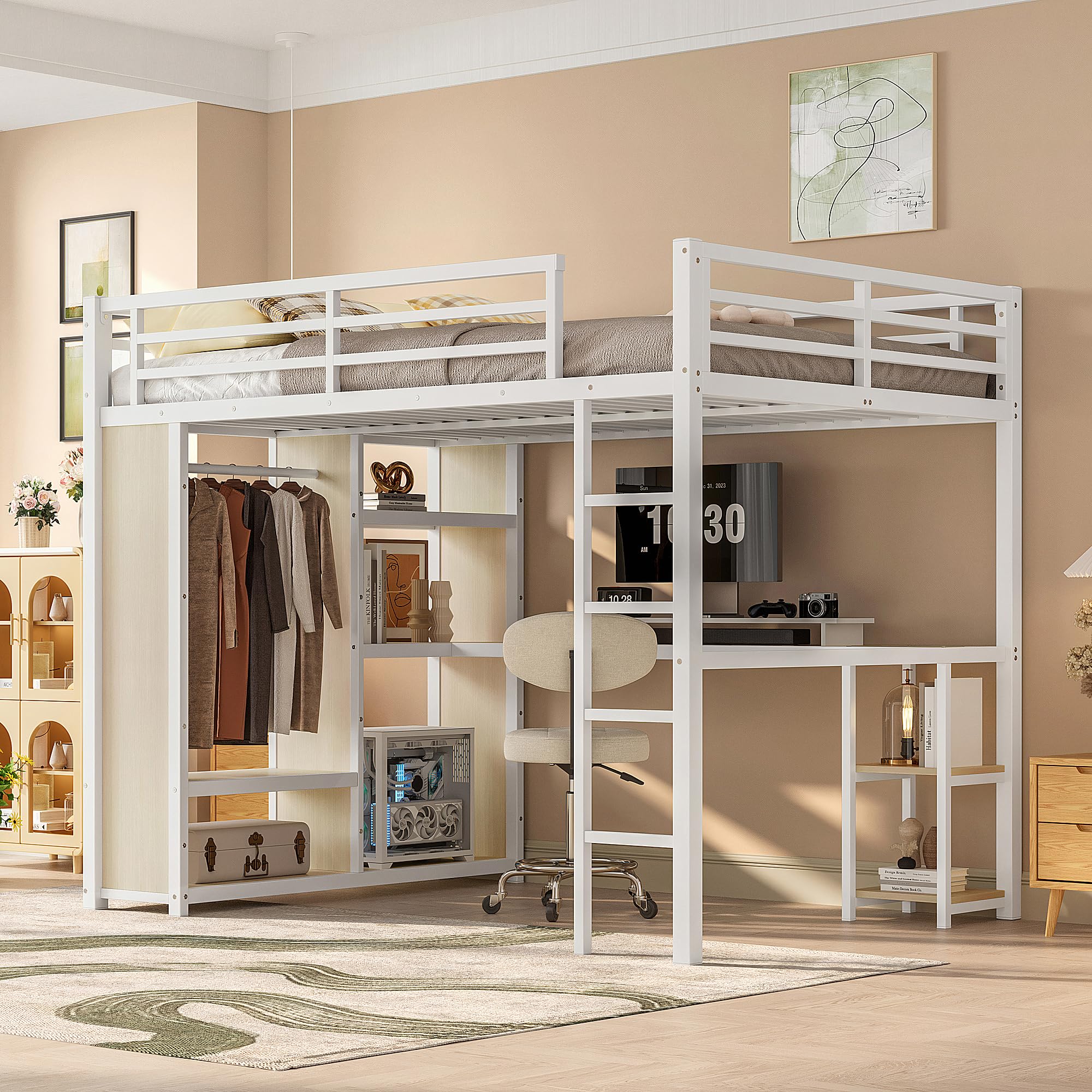 Photo 1 of KEIKI Queen Size Loft Bed Frame with Built-in Wardrobe, Metal Loft Bed with Desk, Storage Shelves, Hanging Rod, Guardrail and Ladder, Noise Reduced BedFrame for Teens and Adults, White Wood-Grain