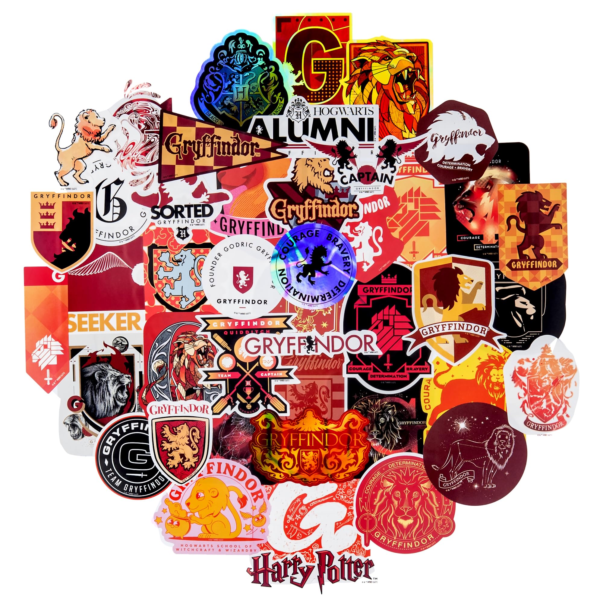 Harry Potter Gryffindor Hogwarts House Vinyl Sticker Decal Pack, 60-Count, 5 Hologram Stickers, Waterproof, UV & Scratch-Resistant, Decals for Laptops, Water Bottles, Notes & More, Officially Licensed