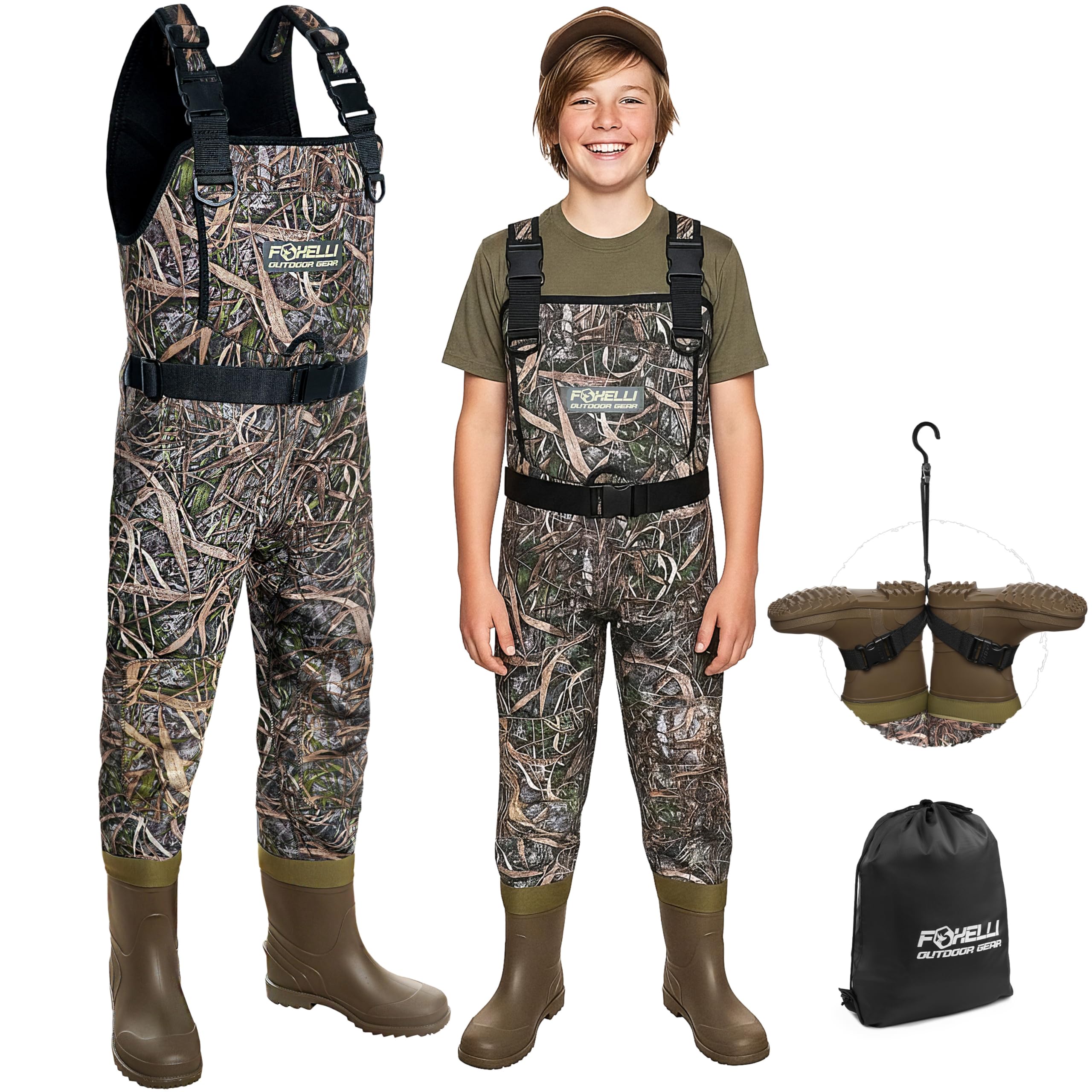 Photo 1 of Foxelli Kids Chest Waders – 4mm Neoprene Waterproof Youth Waders with Boots for Duck Hunting and Fishing