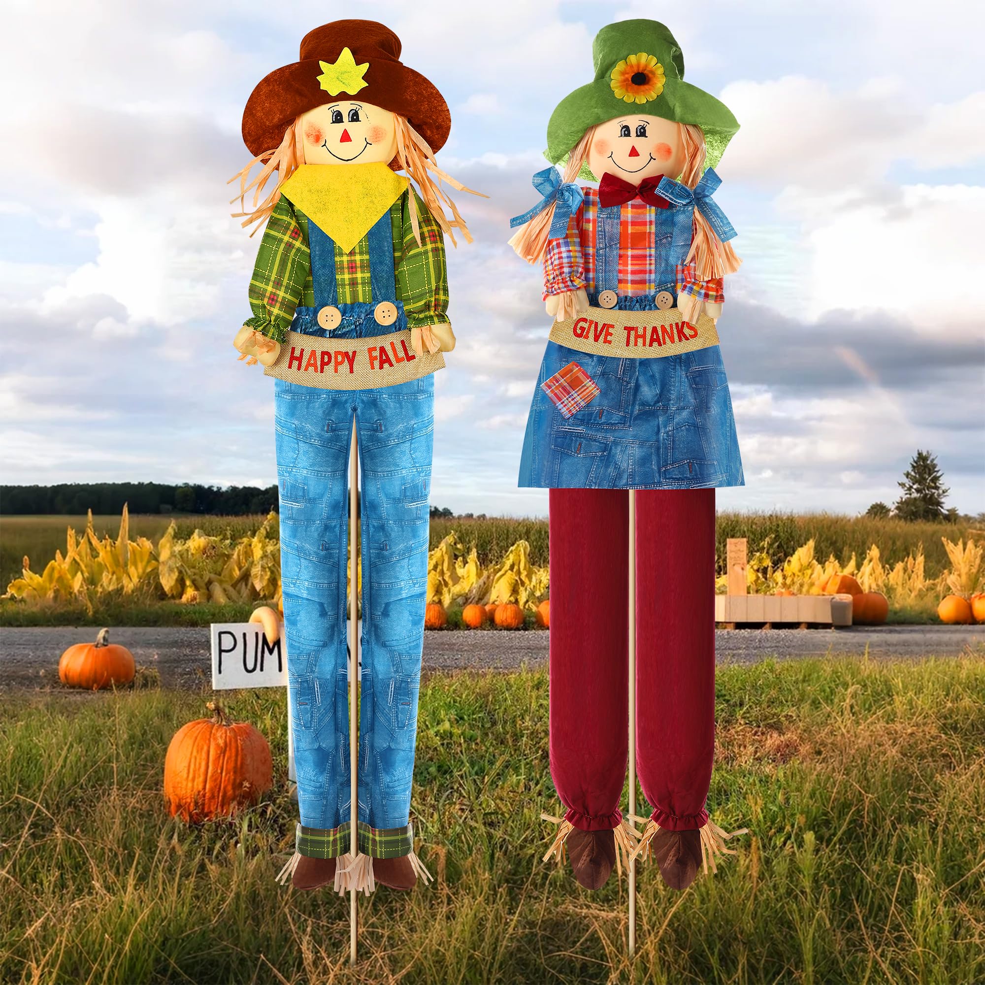 Photo 1 of Meonum 2 Pack Fall Harvest Scarecrow Decorations, Thanksgiving Standing Scarecrow for Autumn with Stakes, Rustic Outdoor Fall Yard Decoration for Home, Garden, Yard, Lawn, Porch Sign(150cm,Denim)