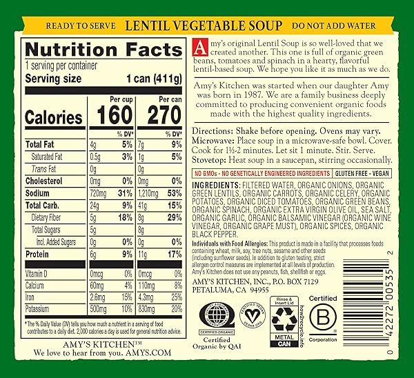 AMY’S SOUP, VEGAN LENTIL VEGETABLE SOUP, GLUTEN FREE, MADE WITH ORGANIC CELERY, CARROTS, POTATOES AND SPINACH, CANNED SOUP, 14.5 OZ