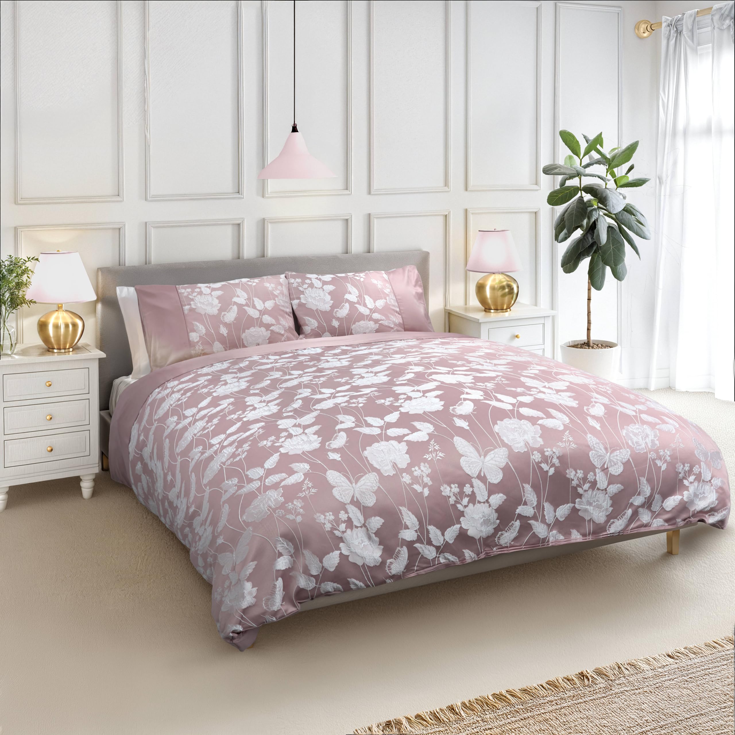 Emma Barclay Butterfly Meadow - Embellished Jacquard Duvet Set in Blush Pink - Super King