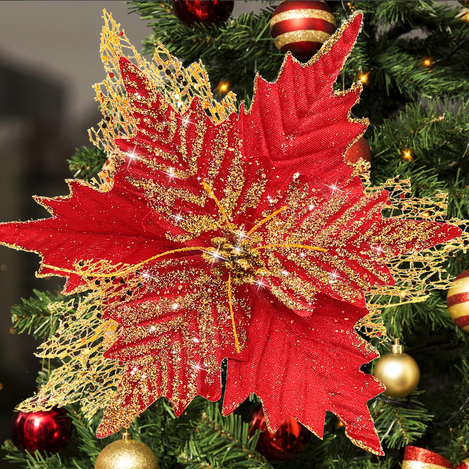 View 1 of 10'' Large Christmas Glitter Poinsettia Flowers Decorations, stadeco 10 Pcs Christmas Tree Picks Ornaments Artificial Flowers with Long Stems for Xmas Tree Wreath Garland Wedding Party DIY Decor