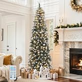 DWVO 7.5ft Pre-Lit Pencil Christmas Tree 350 LED Lights Remote Control | Slim artificial xmas tree with 68 pine cones, 1075 branch tips &amp; 350 UL-listed lights with remote control for holiday.