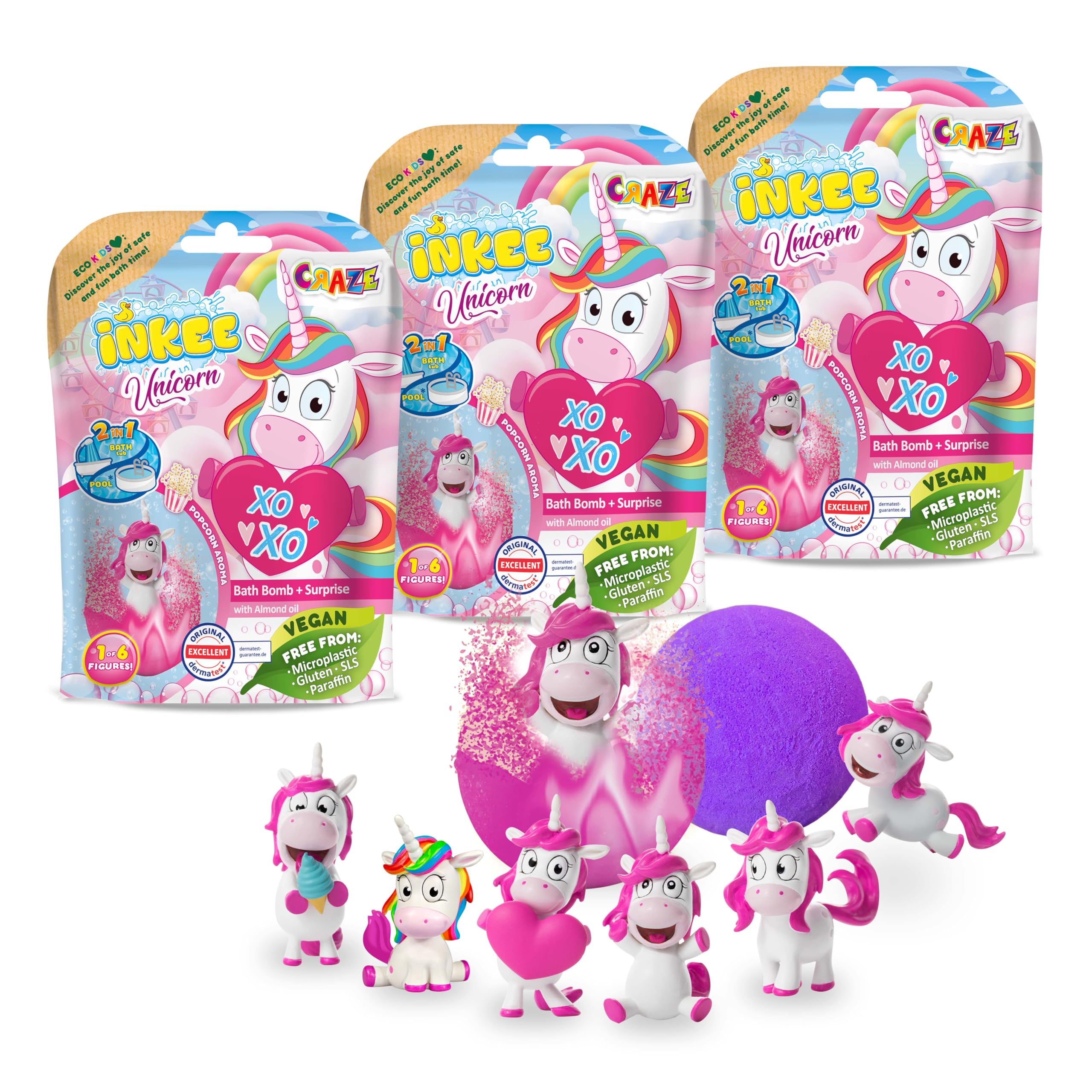 INKEE Surprise Bath Bombs Unicorn Set of 3 – Fun Bath Toys with Hidden Unicorn Figures – Colourful Bath Bombs for Kids Age 3+ – Creative Gift Idea for Girls and Boys — image 1