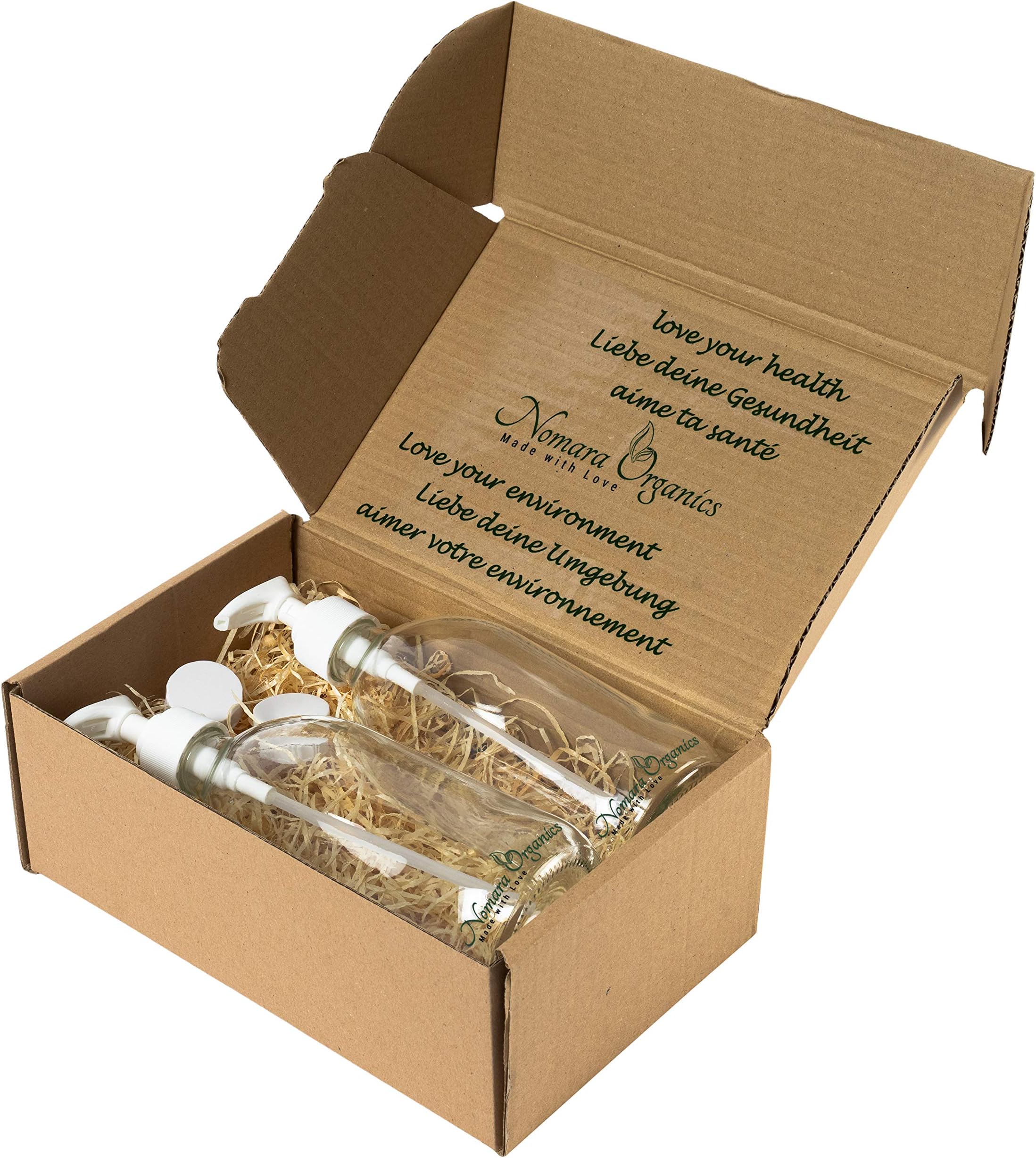 Nomara Organics Glass Soap Dispensers set. Boxed on straw, BPA-free lockable pumps, caps, eco-friendly/reusable bathroom/cosmetic organiser/organic/ handwash/shampoo (CLEAR, 2 X 500ML)