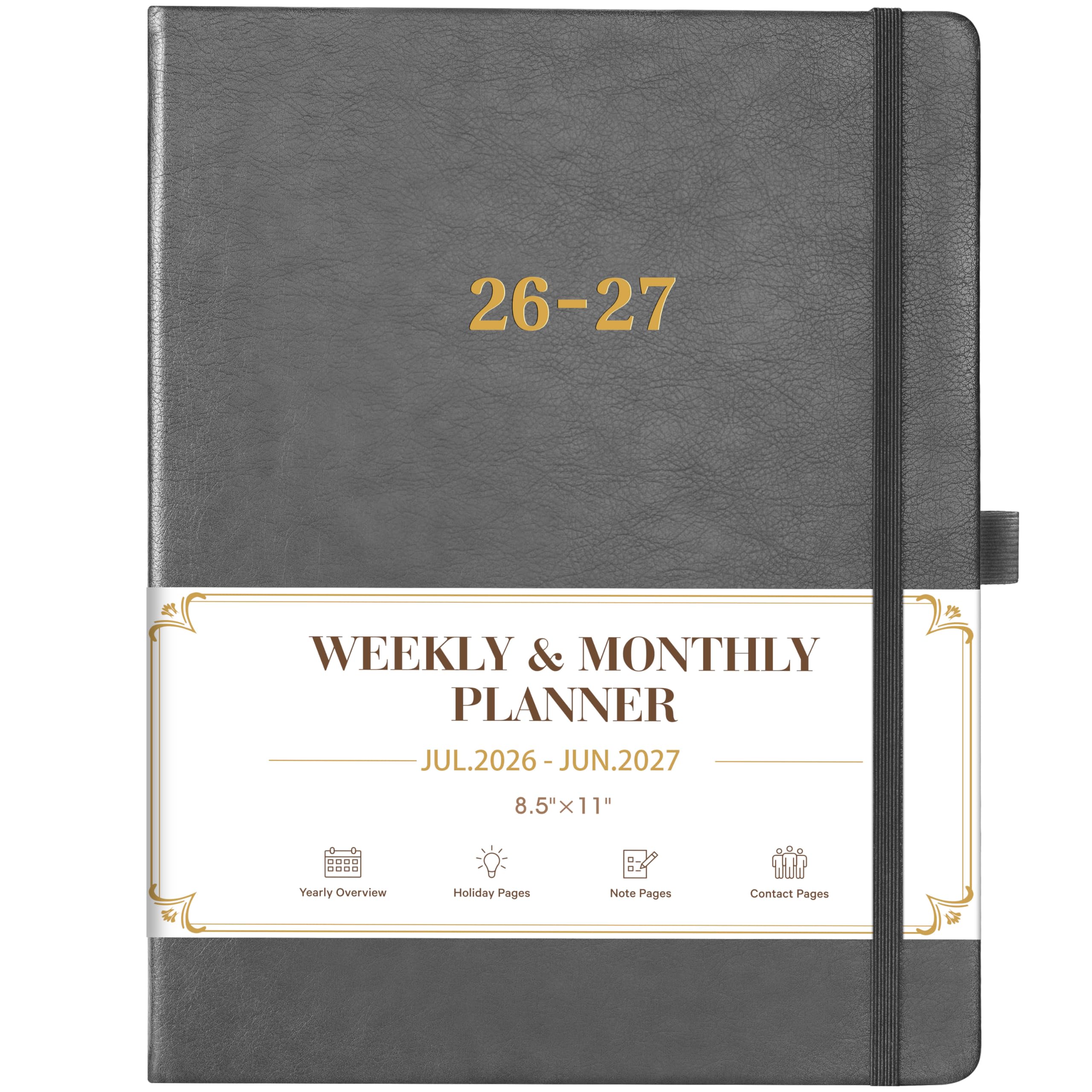 Photo 1 of 2026-2027 Planner - Weekly and Monthly Planner 2026-2027, Jul. 2026 - Jun. 2027, 9" x 11", 26-27 Calendar Planner with Inner Pocket + Elastic Closure + Pen Loop + Bookmarks, Leather Hardcover - Grey