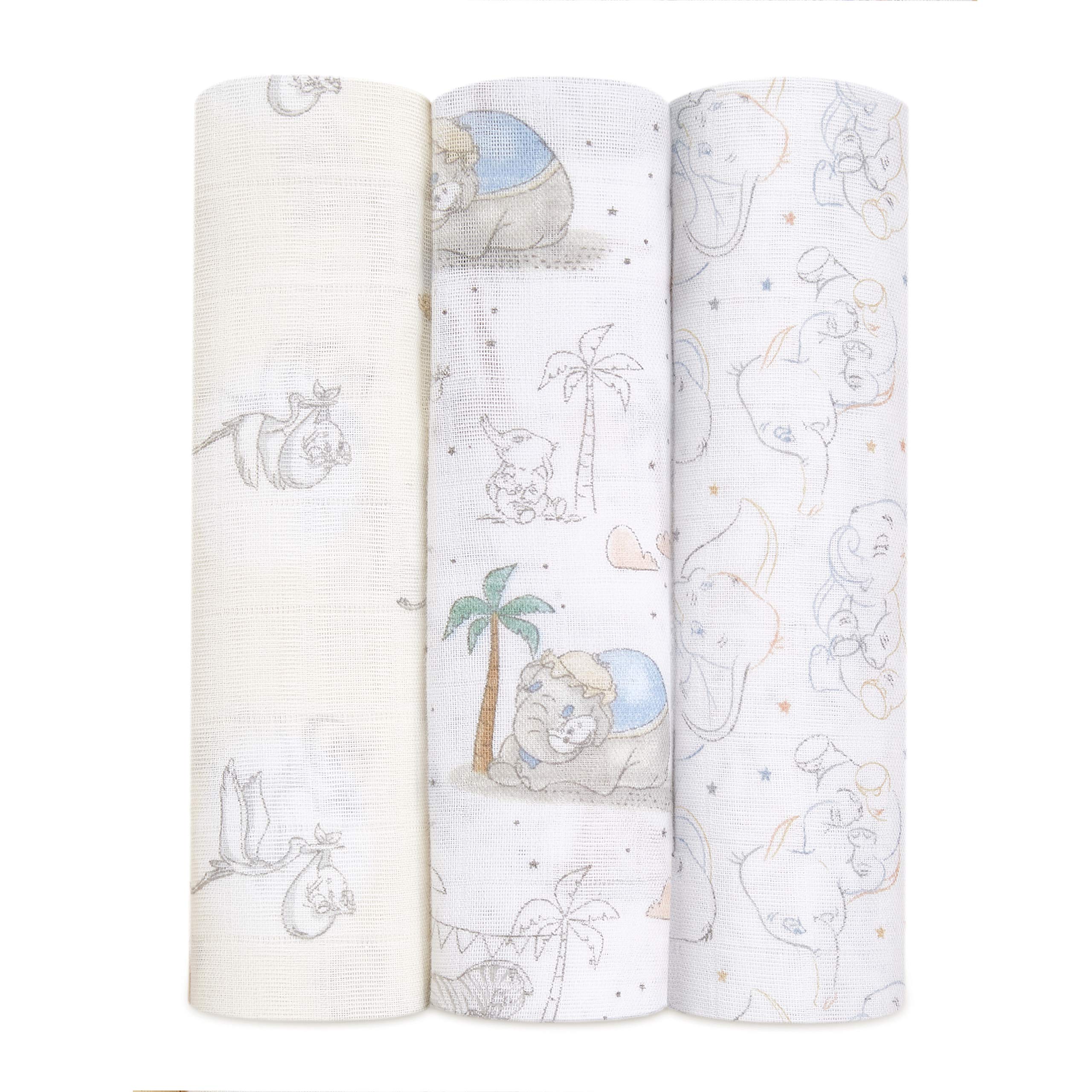 aden + anais 100% Cotton Muslin Swaddle & Receiving Blankets for Baby Girls & Boys, 120x120cm, Ideal Newborn & Infant Swaddling Wrap Set, Perfect Shower Gifts, 3 Pack, Disney Baby - My Darling Dumbo