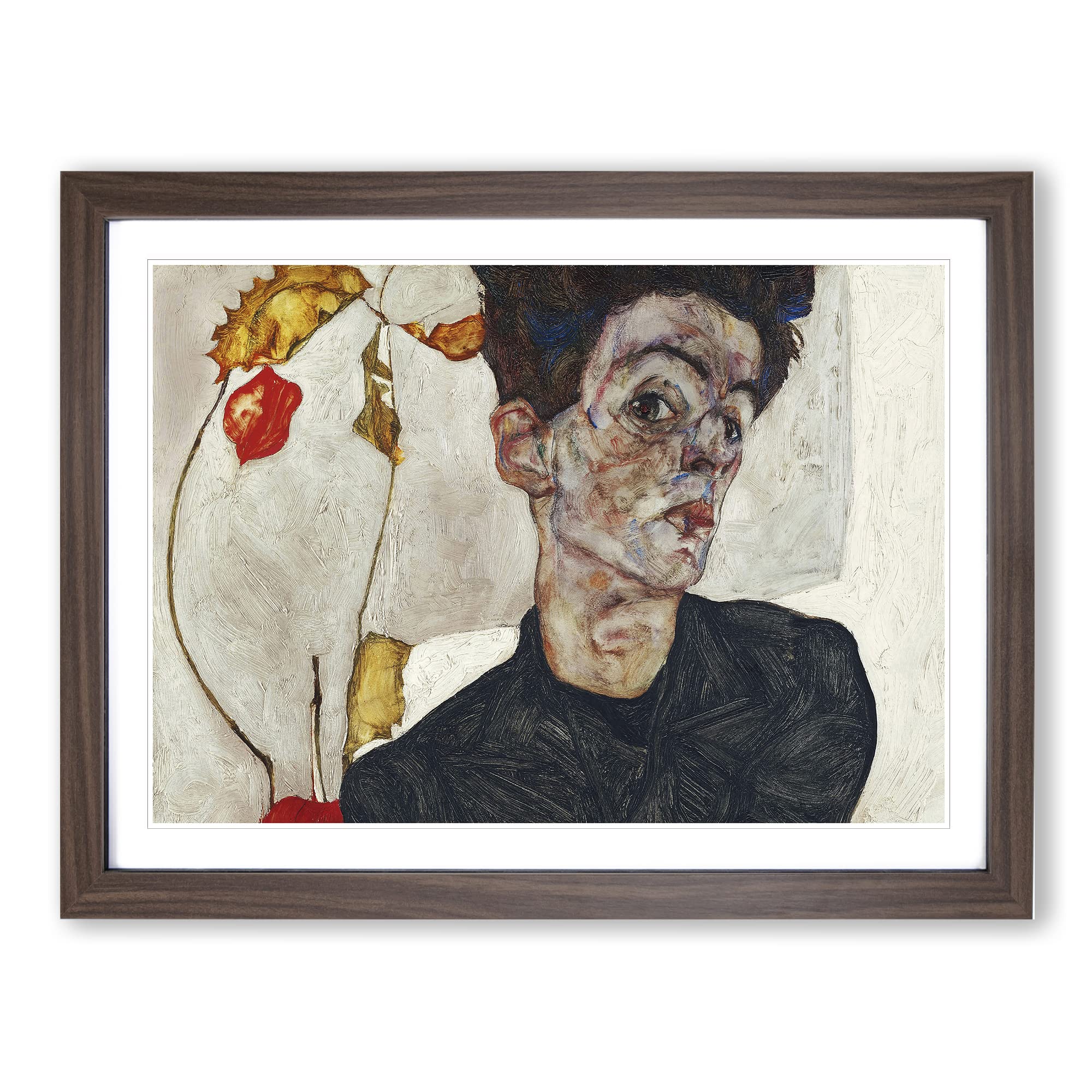 Self Portrait Vol.2 By Egon Schiele Classic Painting Framed Wall Art Print, Ready to Hang Picture for Living Room Bedroom Home Office Décor, Walnut A4 (34 x 25 cm)