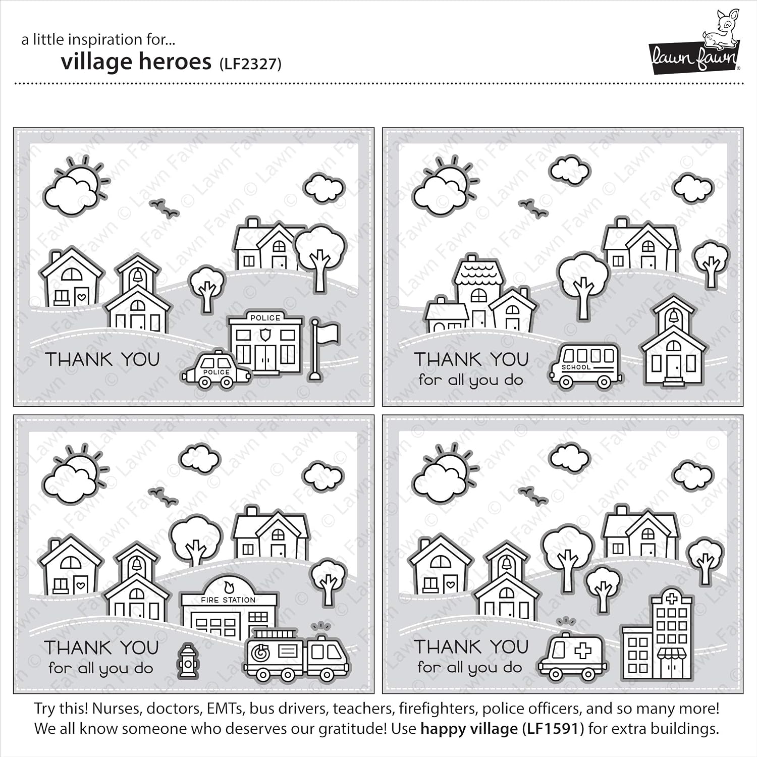 Lawn Fawn LF2327 Village Heroes 4x6 Clear Stamp Set, White - Image 4