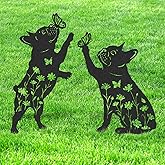 LIRAVENO French Bulldog Garden Stakes - 2 Pcs Metal Dog Decor for Outside Waterproof Animal Statues Yard Patio Lawn Walkway Decoration Butterfly Flower Silhouette Christmas Ornaments Frenchie Gifts