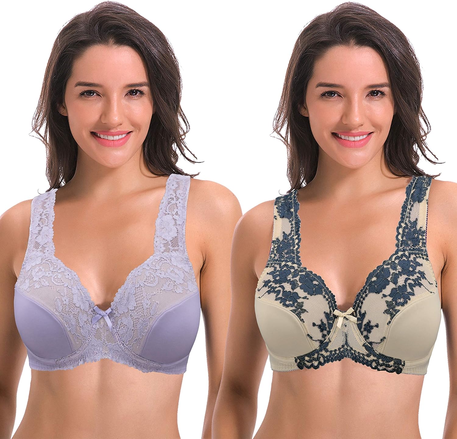 Curve Muse Women's Minimizer Unlined Underwire Bra with Lace Embroidery-2 Pack at  Women’s Clothing store