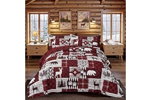 TRITARD 3 Piece Cabin King Size Quilt Sets Christmas Rustic Reversible Microfiber Soft Lightweight Farmhouse Bedspread Comforter with 2 Shams Patchwork Country Lodge Bedding for All Season, 106''x96'', Red