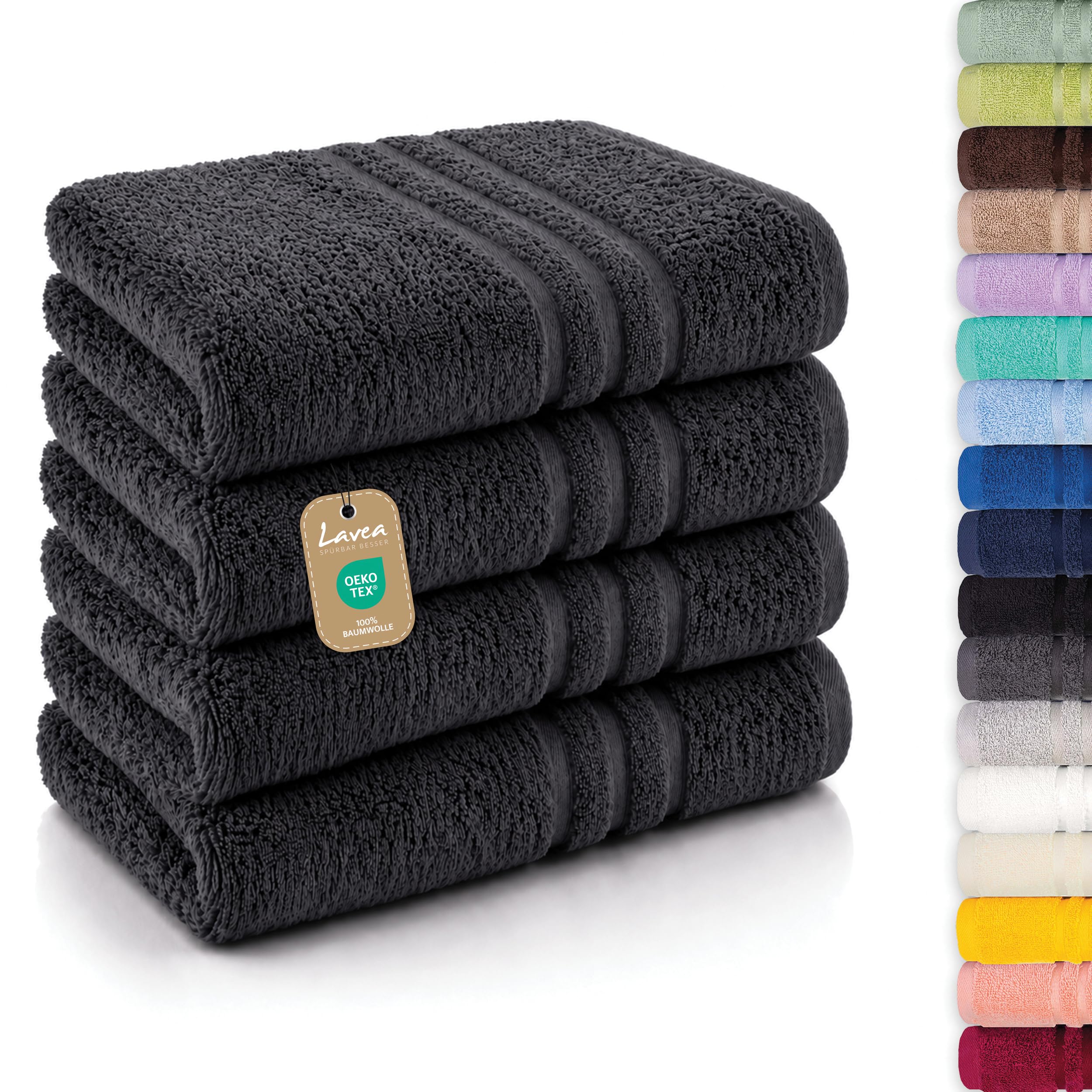 Lavea® 4er Set Handtücher 50x100 cm, Elena Frottiererie, 100% Baumwolle, Saugstark & Weich, Handtücher Set, Waschbar, Trocknergeeignet, Gäste Handtücher, Frottierhandtuch - Anthrazit