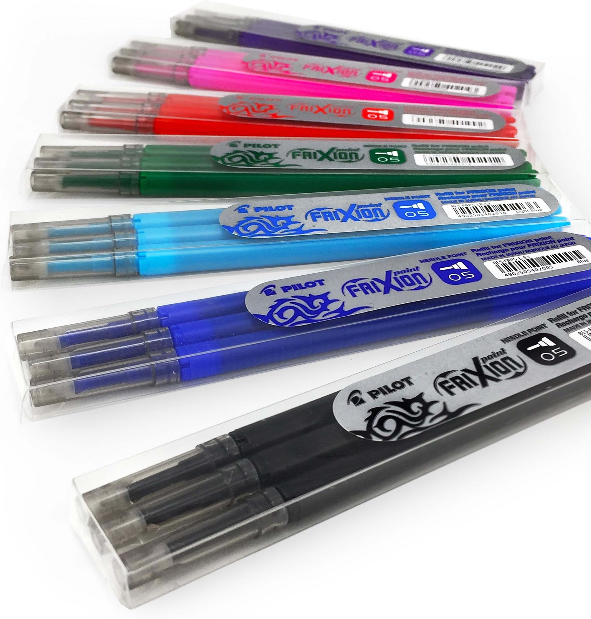 Pilot Frixion Point Refills – 0.5mm Needle Point – Pack of 7 – 21 Refills - 1 of Each Colour