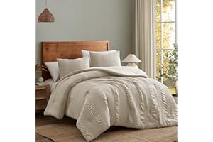B2EVER Queen Size Comforter Set Beige- 3 Piece Soft Cream Seersucker Bedding Comforter Sets with 2 Pillow Shams, Tan Lightweight Fluffy Down Alternative Comforter Set for All Season, 90x90 Inches