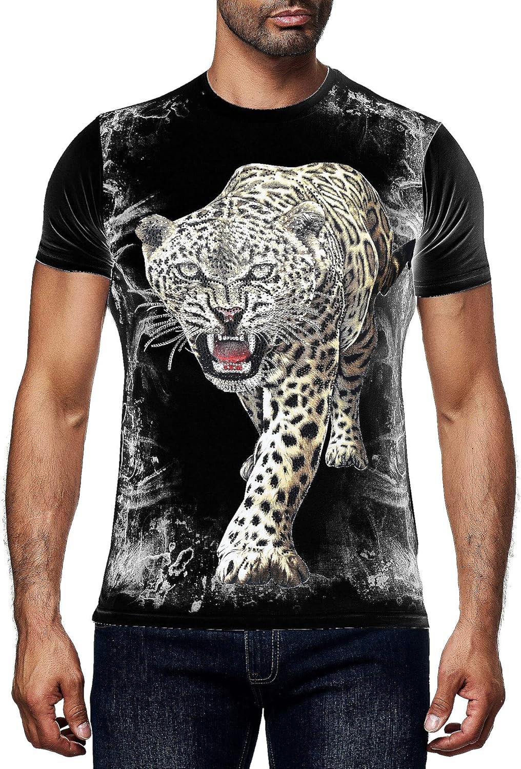 Men's TShirt Summer Top Short Sleeve Cotton Leisure Leopard Stretch