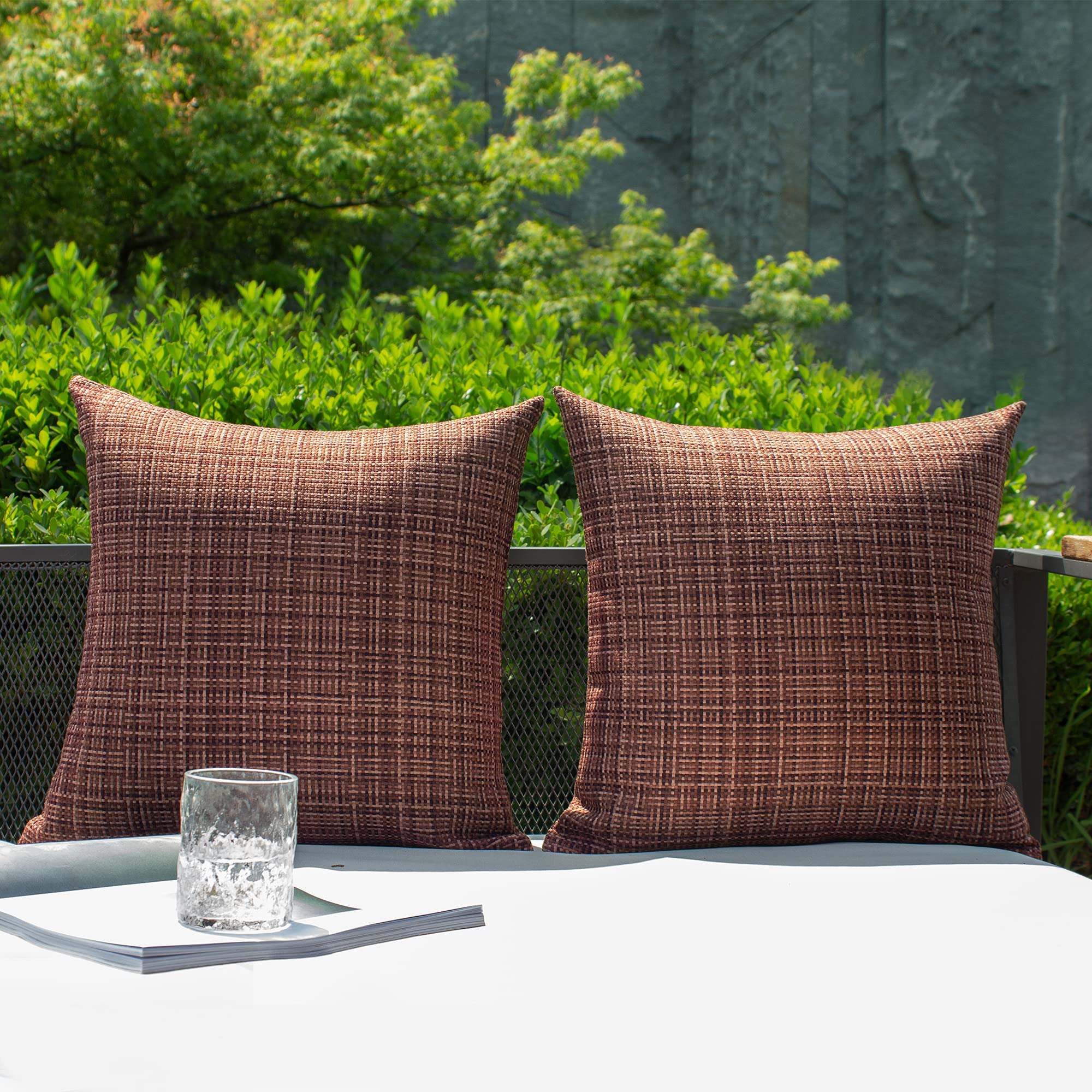 Photo 1 of Kevin Textile Pack of 2 Decorative Outdoor Waterproof Throw Pillow Covers Stripe Square Pillowcases Modern Cushion Cases for Patio Couch Bench 20 x 20 Inch Coffee