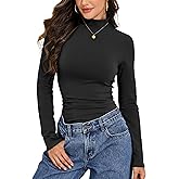 Hilor Women's Cotton Long Sleeve Turtleneck T Shirts Slim Fitted Basic Tops Stretchy Tee Shirts Fall Fashion