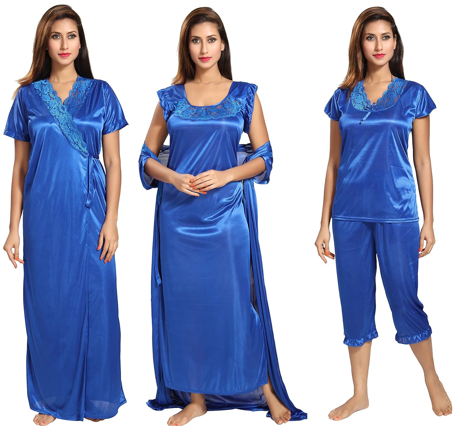 noty women's satin nighty - 4 pc set- nighty/robe/top/capri