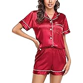 Vlazom Womens Silk Pajamas, Short Sleeve Satin 2 Piece Pj Sets Button-Down Sleepwear Loungewear Pjs Shorts Set S-XXL